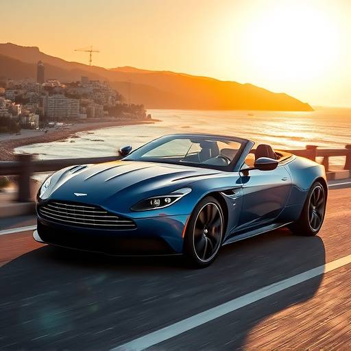 Aston Martin DB11 Volante azul conduciendo por la costa de Barcelona