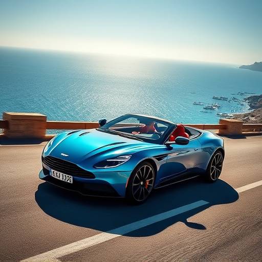 Aston Martin DB11 Volante en color azul, conduciendo por la costa de Barcelona.