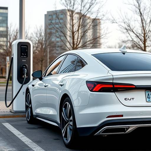 Audi e-tron GT blanco carg√°ndose en una estaci√≥n de carga el√©ctrica en un entorno urbano