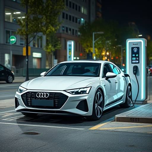 Audi e-tron GT en color blanco, carg√°ndose en una estaci√≥n de carga el√©ctrica en un entorno urbano.