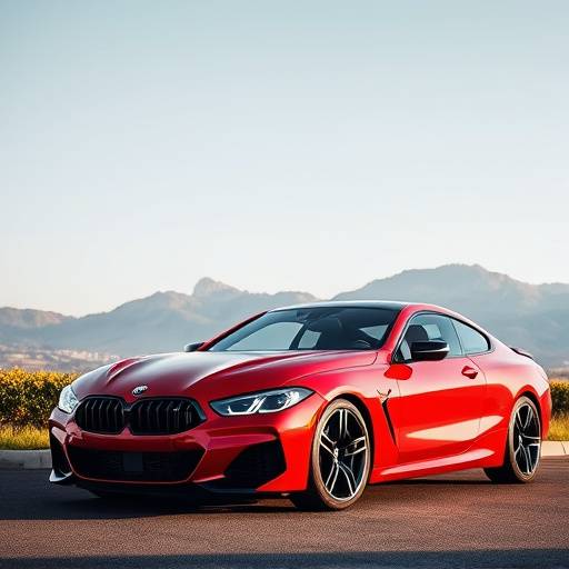 BMW M8 Competition Coup√© rojo estacionado frente al mar en Barcelona