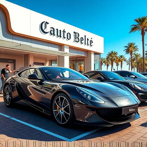 Fachada del edificio de Auto ��lite Barcelona con una exhibici贸n de coches de lujo