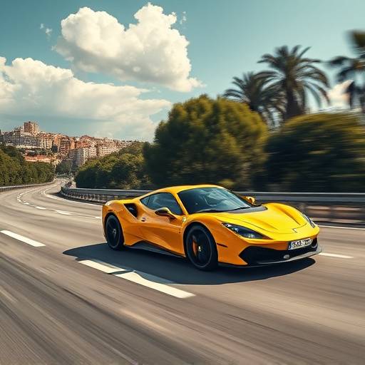 Ferrari SF90 Stradale amarillo conduciendo a alta velocidad por una autopista en las afueras de Barcelona