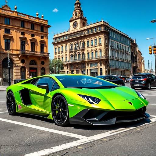 Lamborghini Aventador SVJ verde estacionado en el centro de Barcelona con edificios emblem√°ticos al fondo