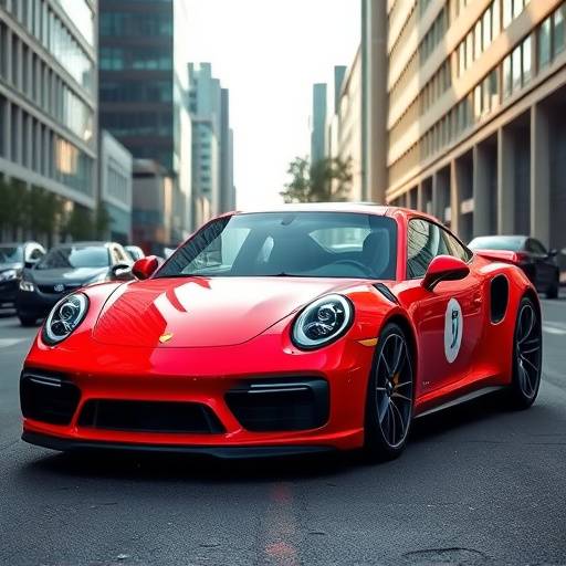 Porsche 911 Turbo S en color rojo, estacionado en una calle de la ciudad con edificios modernos.