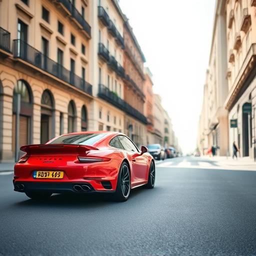 Porsche 911 Turbo S rojo estacionado en una calle moderna de Barcelona
