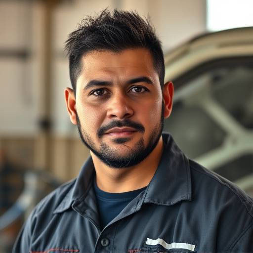 Retrato de Antonio G贸mez, Jefe de Taller de Auto ��lite Barcelona, mostrando una actitud seria y competente.